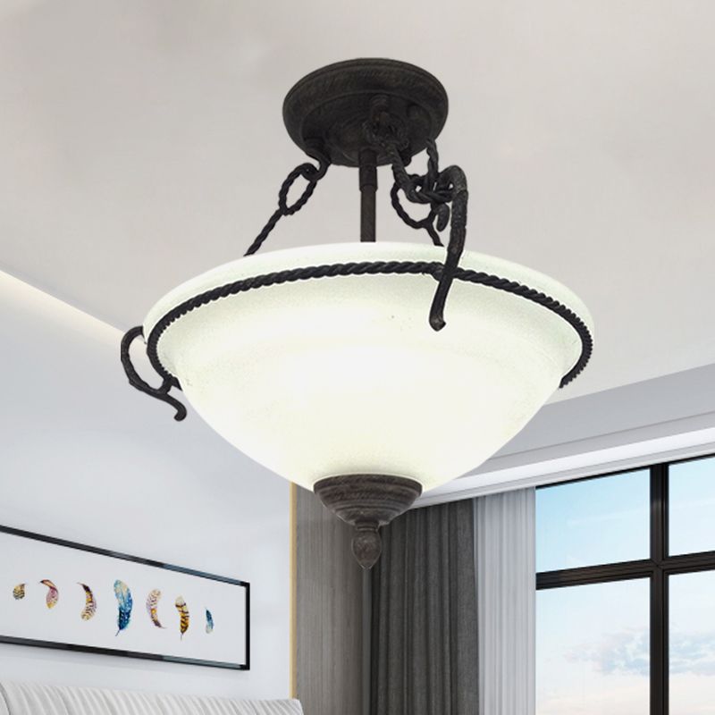 Iluminación de semi-montaje de tazón vintage 3 luces lámpara de araña de vidrio crema de vidrio con detalle de cuerda en negro
