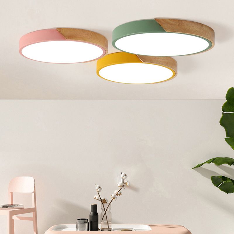Macaron Ceiling Light Nordic Modern Minimalist Round Bedroom Study Living Room Ultra-thin Wooden Energy-saving Lighting