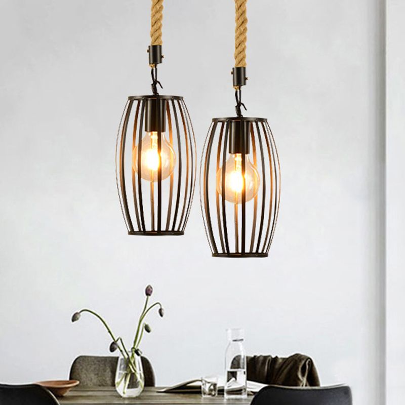1 Light Metal and Rope Hanging Light Farmhouse Style Black Globe/Cylinder/Barrel Cage Dining Room Pendant Lamp
