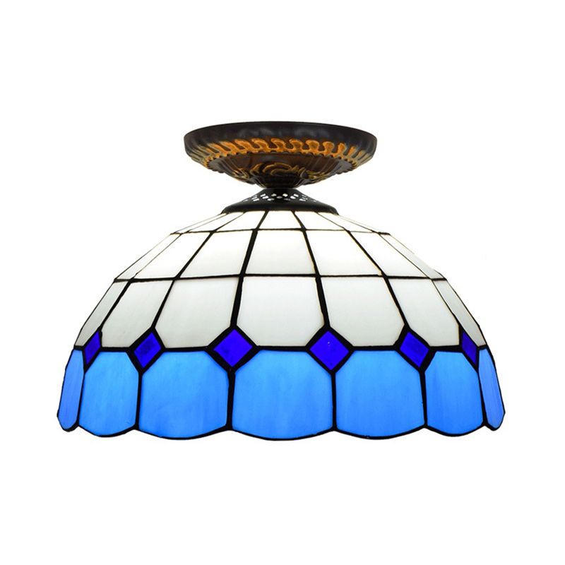 Tiffany Grid Patterned Flush Mount Light 1 Bulb Handcrafted Stained Glass LED Close to Ceiling Lamp in Blue/Orange/Green