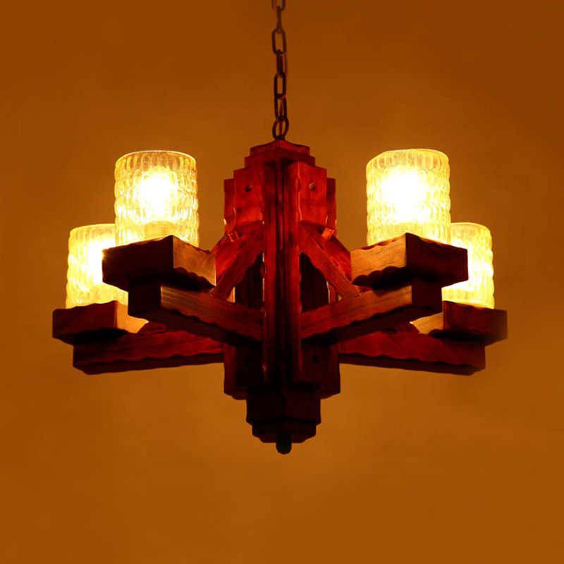 Marrone 5 teste lampadario soffitto rurale rurale glassple glassista a sospensione lampada a sospensione con braccio in legno