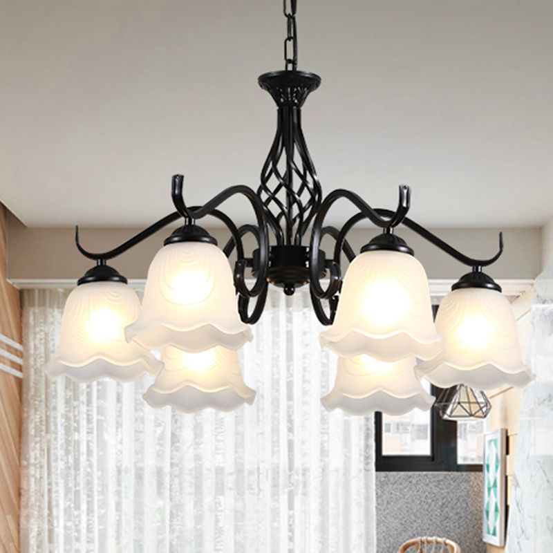 Retro Bell Chandelier Light Ruffle Glass Pendant Light Fixture with Curved Arm for Dining Room