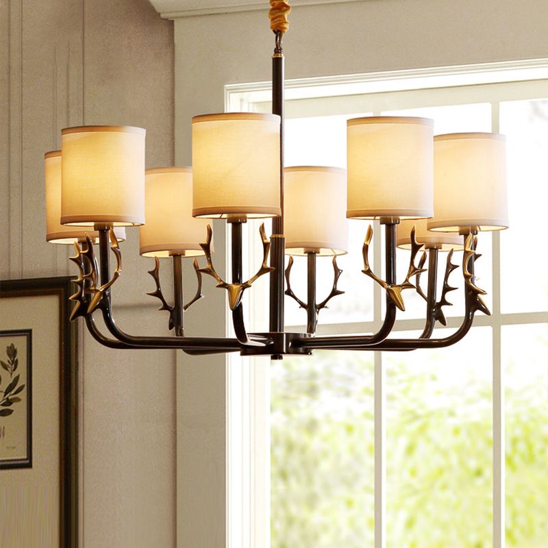 Luz de araña de tela cilíndrica Luz de la sala de estar vintage Luz colgante con acento de ciervos