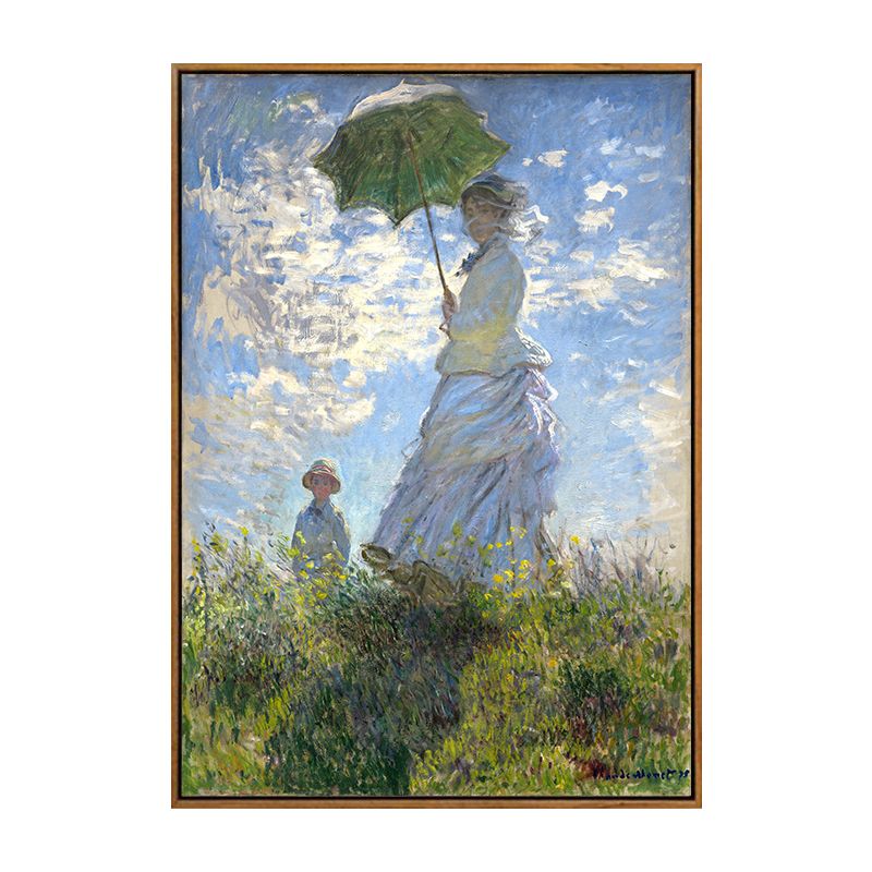 Monet Painting Canvas Print for Home Woman with A Parasol Wall Art in Blue, Texture