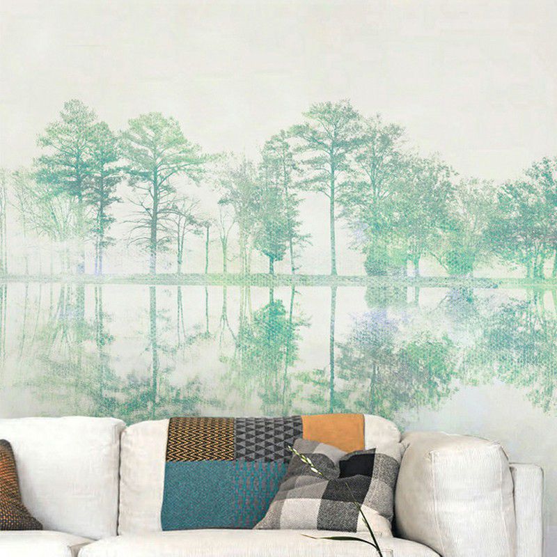 Full Size Birch Tree Wall Mural in Green Non-Woven Wall Art for Home Decor, Made to Measure