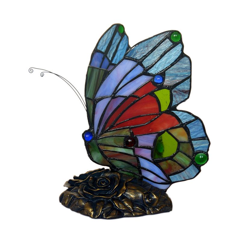 Blue Butterfly Nightstand Lighting Baroque 1 Light Cut Glass Night Lamp with Resin Rose Base