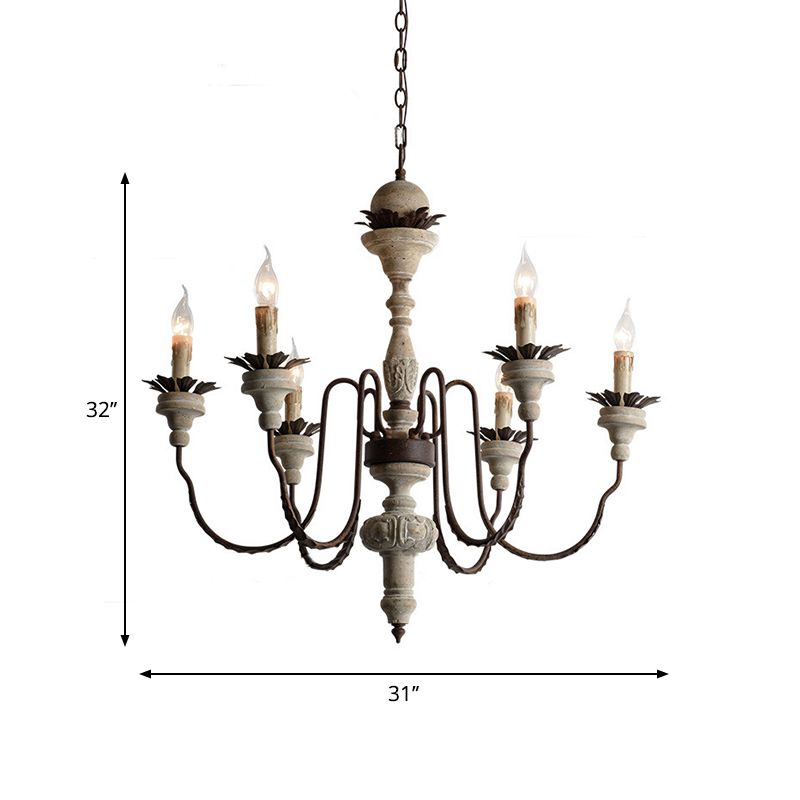 Candle Wood Pendant Chandelier Traditional 6 Lights Living Room Wood Suspension Lighting in Distressed White