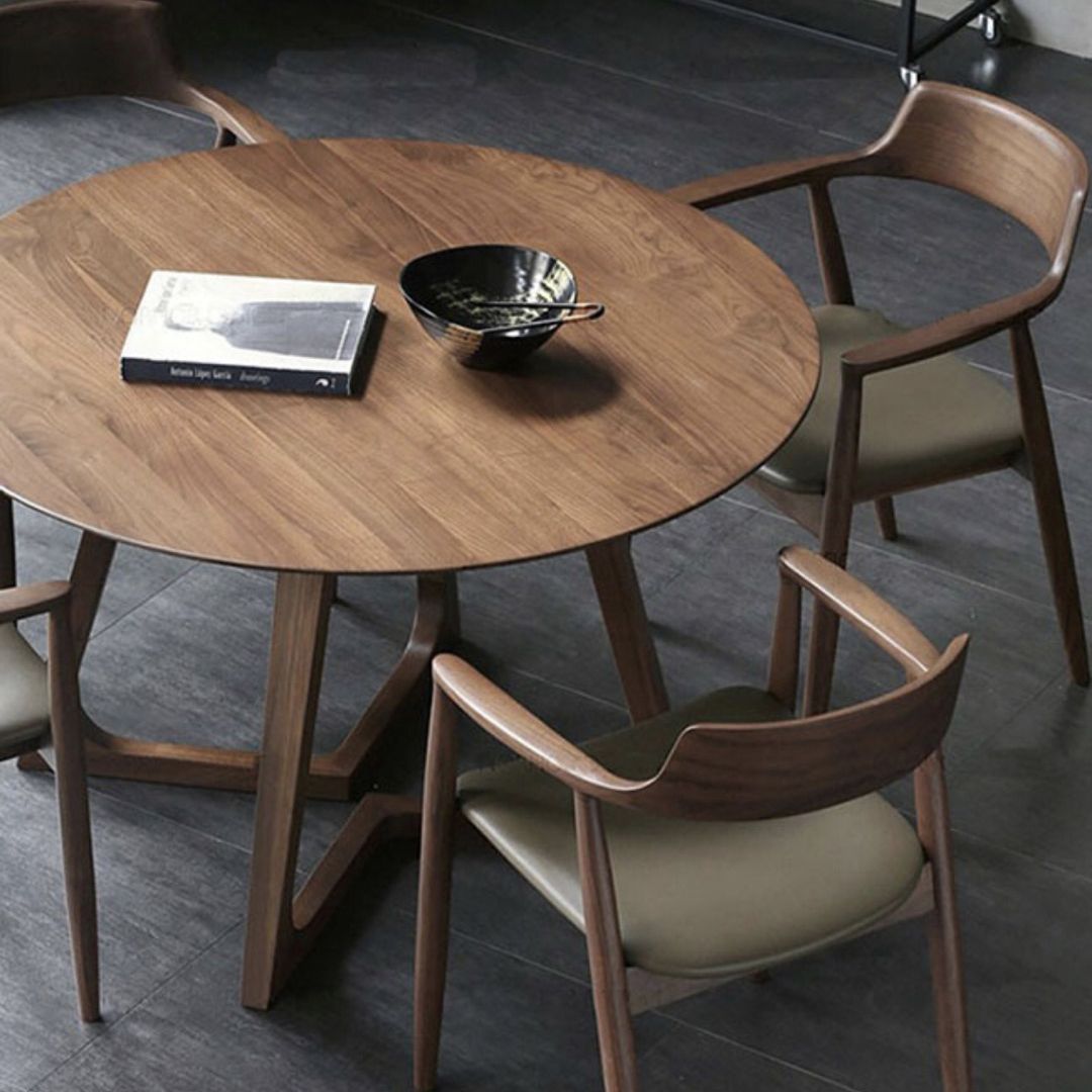 Round Wood Color Dining Table Solid Wood Table Modern with Double Pedestal