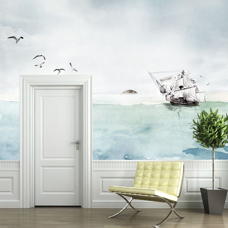 Sea Painting Sailing Vessel Mural Wallpaper Nautical Non-Woven Cloth Wall Art in Grey-Blue