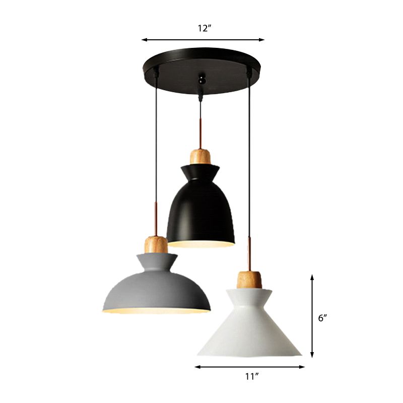 3 Bulbs Pendant Lighting with Shade Metal and Wood Nordic Style Indoor Ceiling Light Fixture in Black