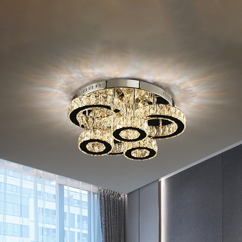 Éclairage de plafond LED contemporain Cercles Chrome Mount semi-flush avec nuance de blocs de cristal en lumière chaude / blanche