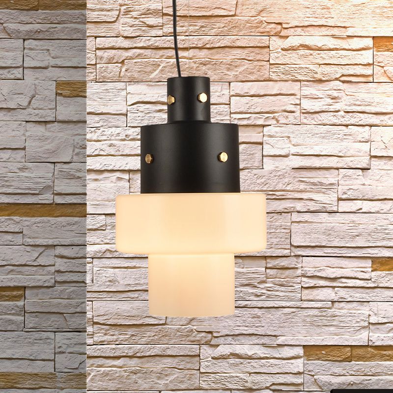 Cilindro de vidrio blanco Luz de techo colgante Rústico 1 cabeza Coste negro Luz para sala de estar