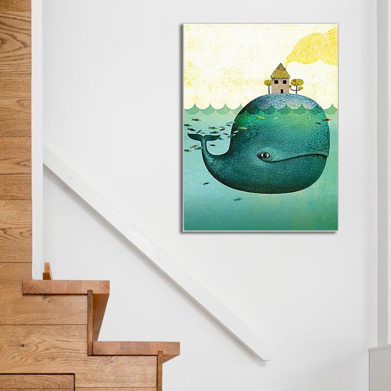 Pastel Color Kids Wall Art Sea Fish with Shelter Top Painting Canvas for Stairway