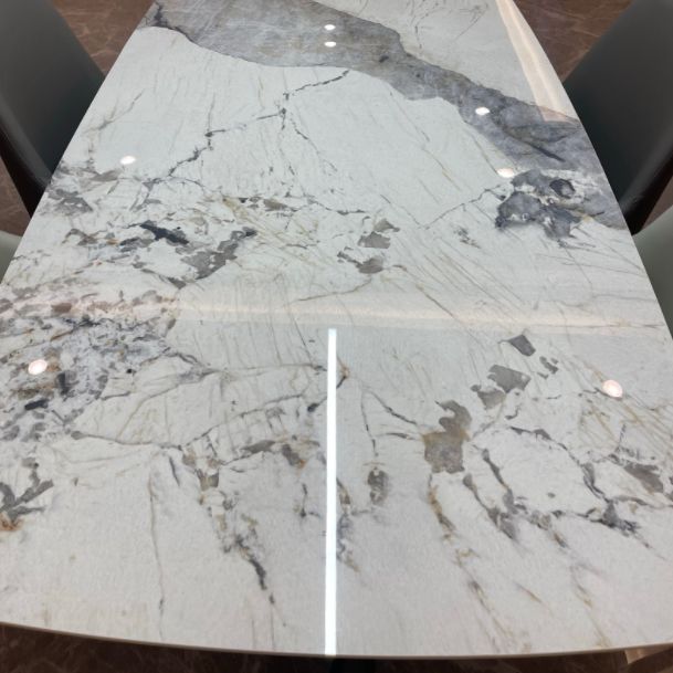 Rectangle Double Pedestal Glam Dining Table Brown Tone Fixed Table with Sintered Stone
