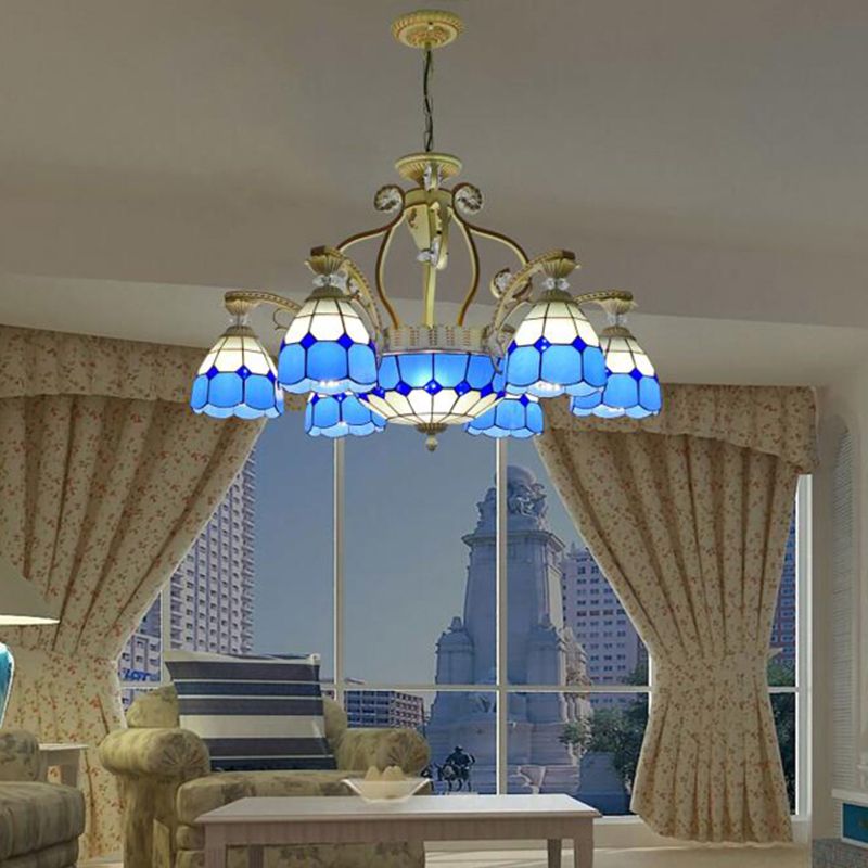 Cut Glass Orange/Blu/Blu Dark Hanging Chandelier a cupola 8/11 Luci a sospensione in stile Tiffany Kit a ciondolo, 31,5 "/37,5"