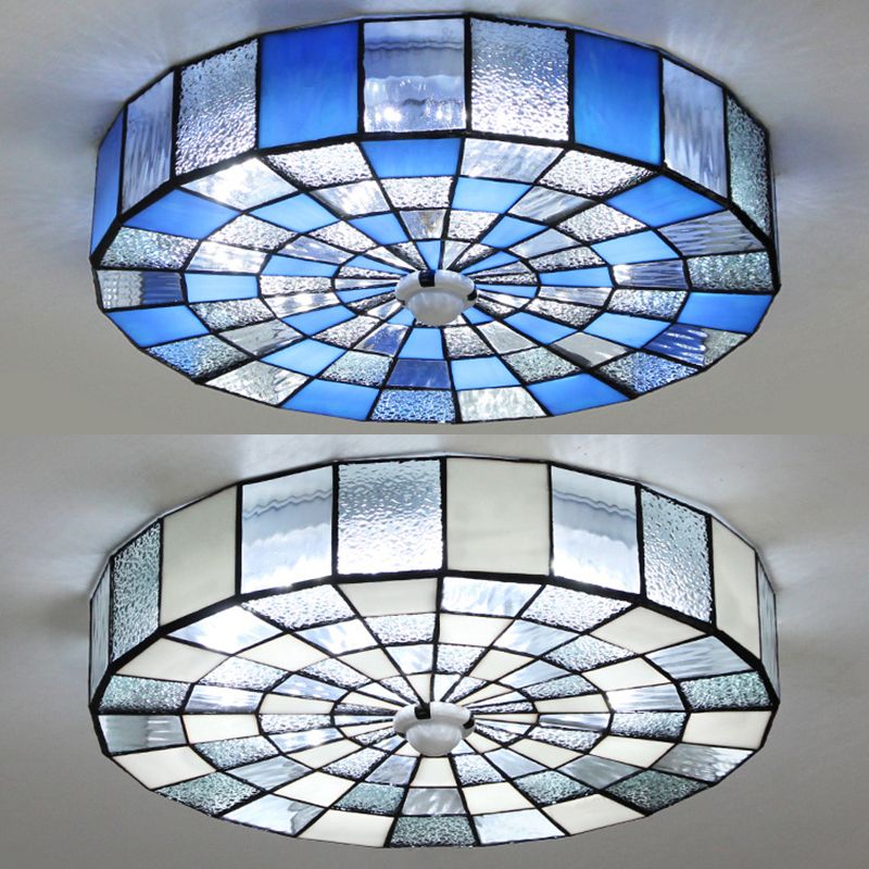 Luz de techo redondo Luz rústica vidriada 1 Luz de techo de montaje ligero en azul/blanco para dormitorio