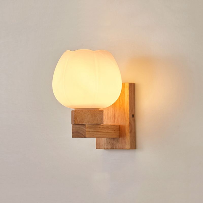 Wooden Shaded Wall Sconce Lighting Simplicity Style White Wall Mount Light Fixture