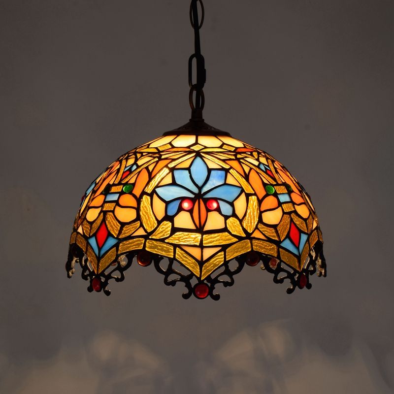Domed Hanging Pendant Light Stained Glass Mediterranean Pendant Light Fixture in Blue