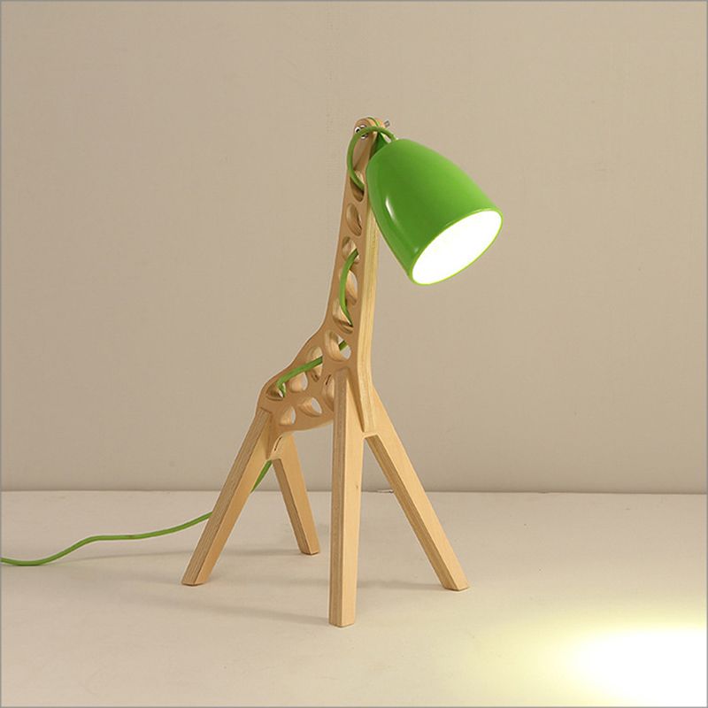 Cartoon Bell Night Light Metal 1-Light Bedroom Table Lamp in Blue/Red/Green with Standing Giraffe Wood Base