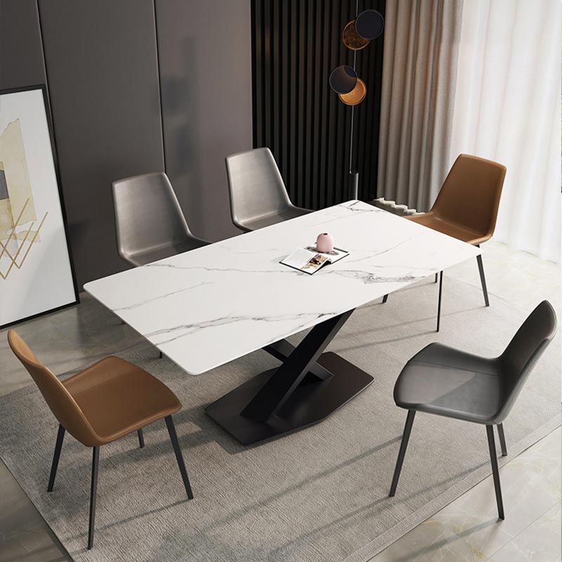 Contemporary Stone Dining Table Rectangle Dining Table with Pedestal Base in Black