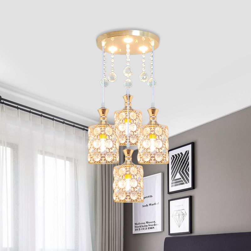 Gold Cylindrical Multiple Hanging Lamp Modernist 4 Heads Crystal-Encrusted Pendulum Light with Ball Droplet
