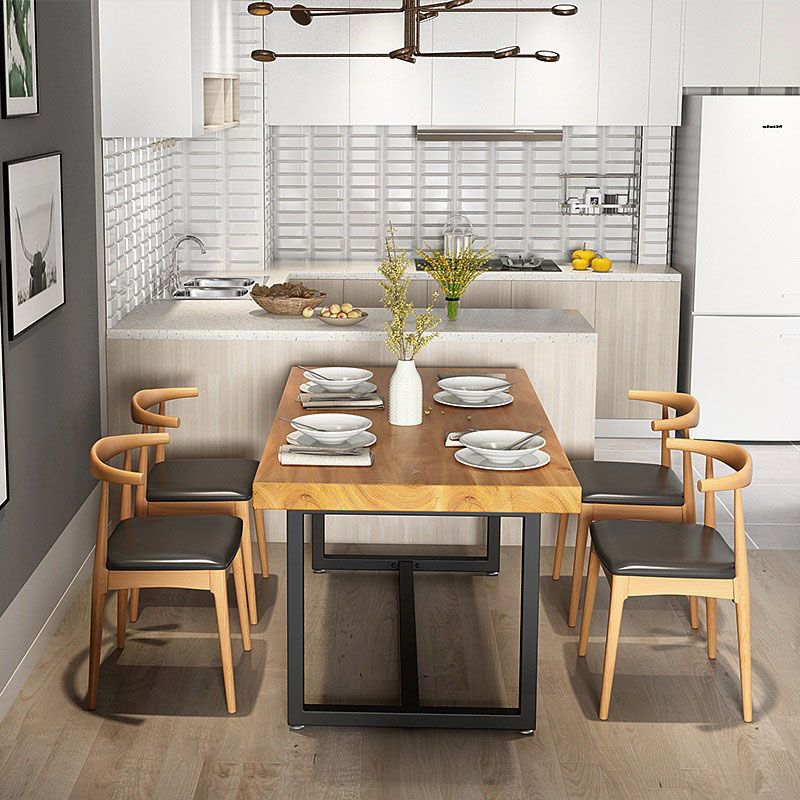 Pine Wood Top Dining Table Industrial Rectangle Table with Trestle Base in Black