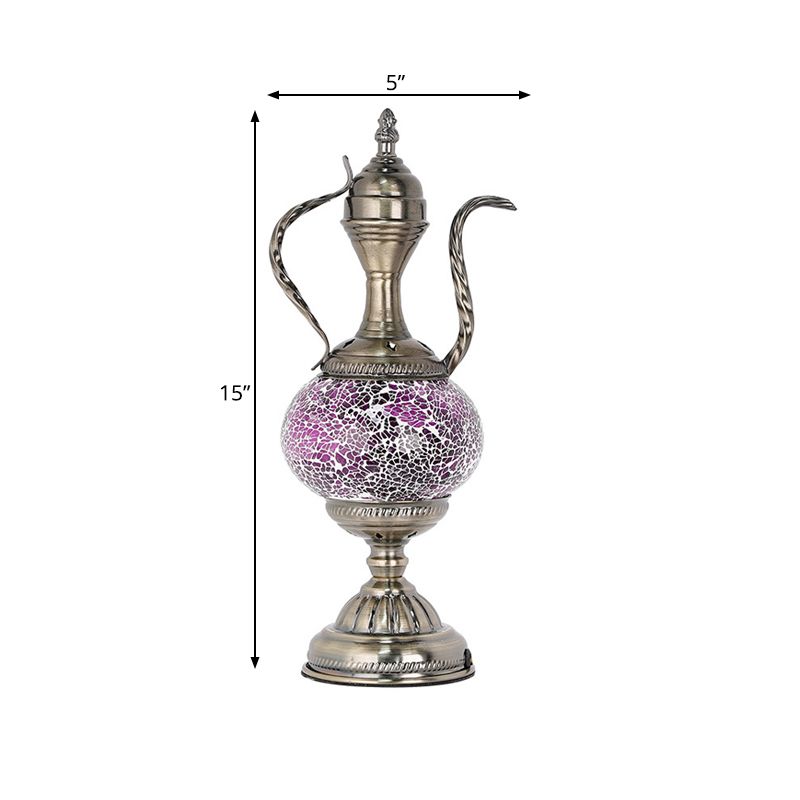 Vintage Teapot Shaped Night Table Lamp 1 Bulb Pink/Purple/Blue and Purple Stained Glass Nightstand Light for Bedroom