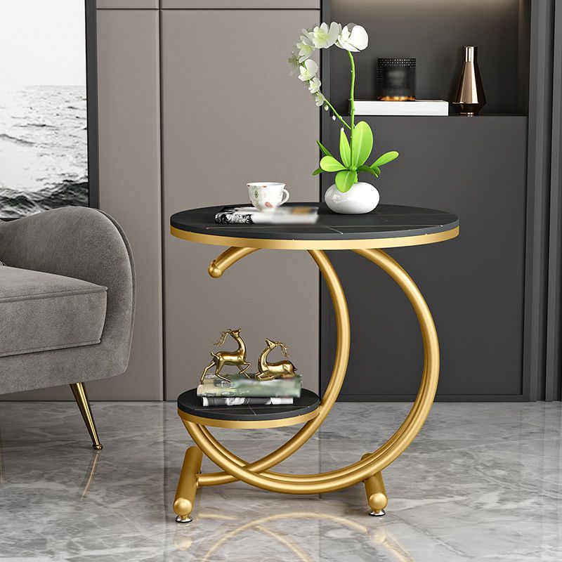 Modern Metal Black/Gold C Side Table Slate Round End Table with Storage