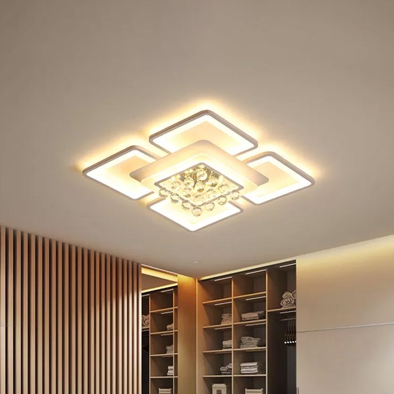 White Acrylic Square Flushmount Light Simple 21.5"/25.5" Width LED Flush Mount Lamp in Warm/White Light with Crystal Accent