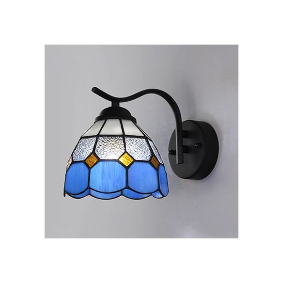 Mediterranean Dome Wall Lighting with Curved Arm Stained Glass 1 Light Sconce Light in White/Clear