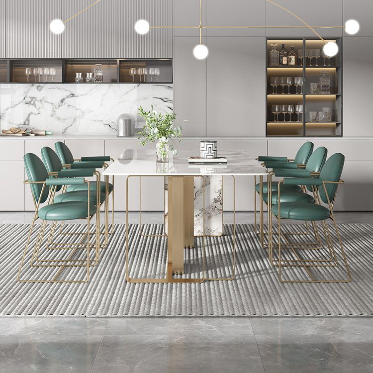 Contemporary Style Sintered Stone Dining Table with White Fixed Table and Double Pedestal Base