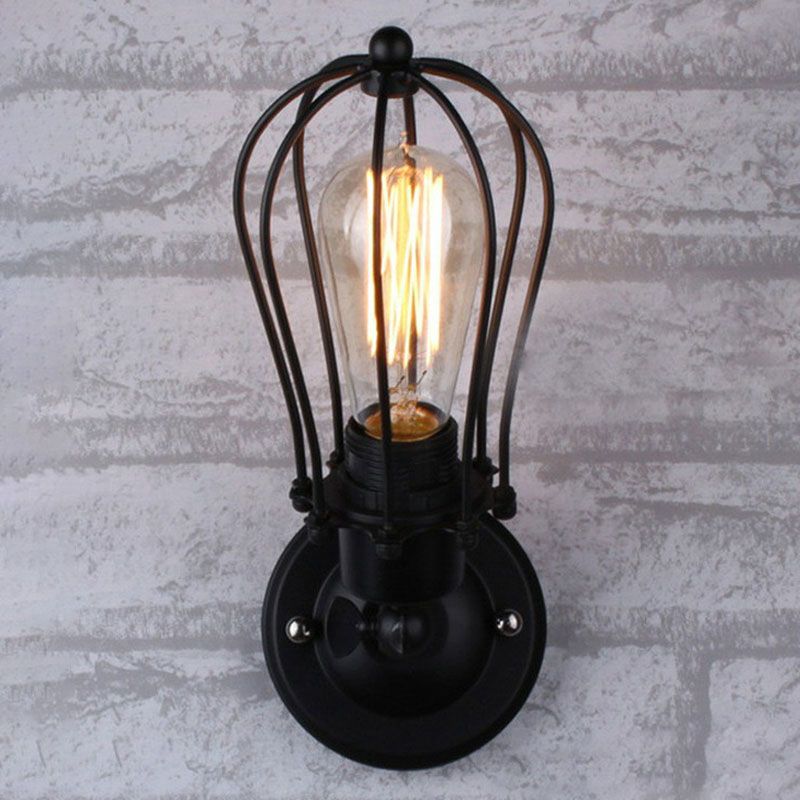 Vintage Grapefruit Cage Wall Light Fixture Single-Bulb Iron Wall Mounted Lamp in Black