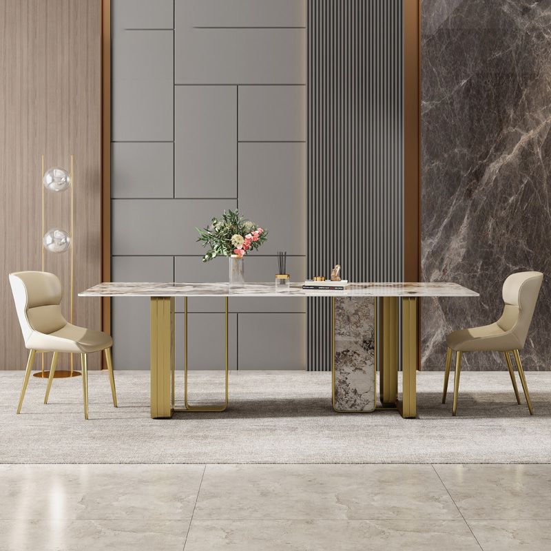 Minimalist Sintered Stone Kitchen Dining Set Gray Rectangle Shape Dining Set with Double Pedestal