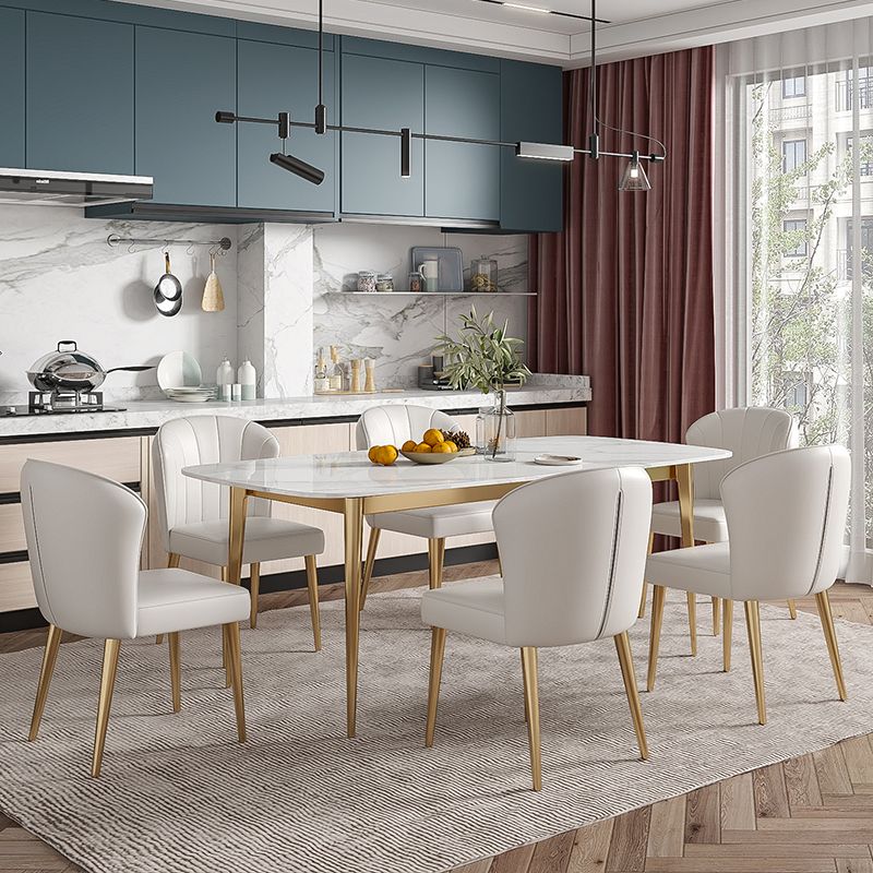 Luxury Sintered Stone Dining Table Rectangle Table with Metal Base and 4 Legs in Gold