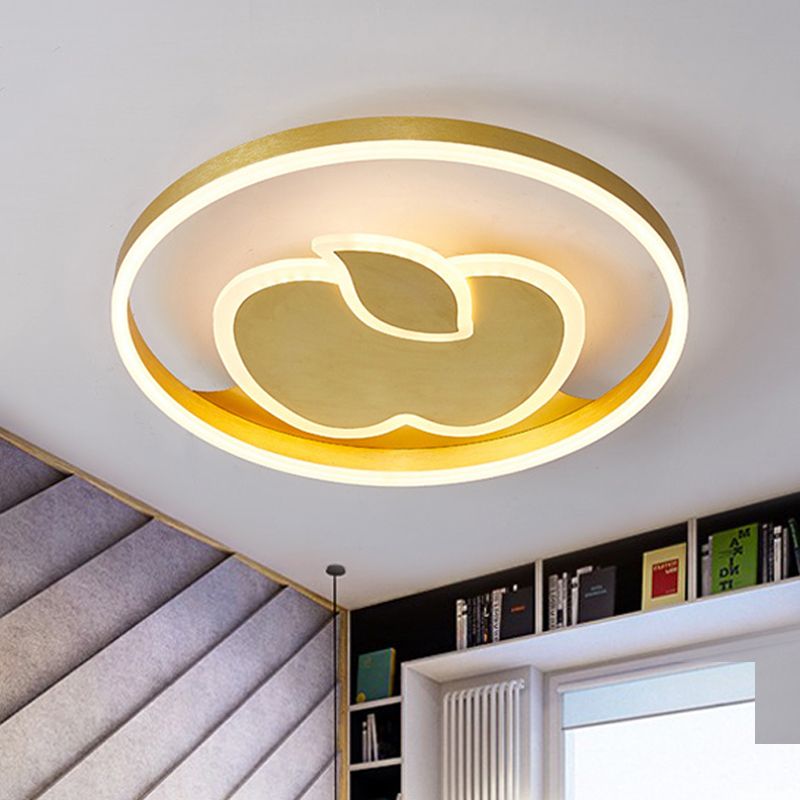Kids Style Super Thin Flush Ceiling Light Acrylic Bedroom LED Flush-Mount Light Fixture with Fish/Apple Pattern in Gold