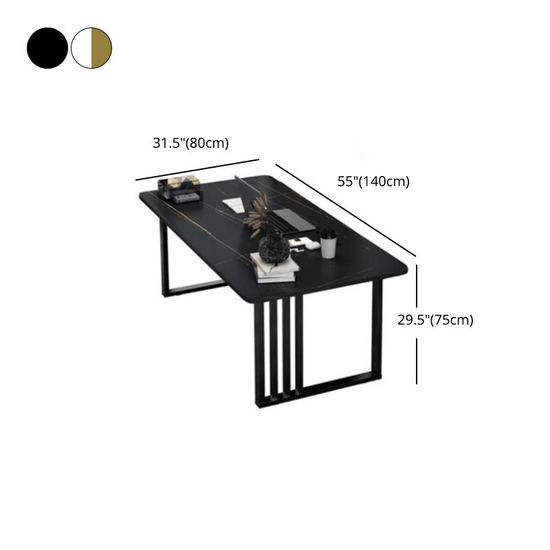 Glam Stone Dining Table Rectangle Iron Table with Double Pedestal Table