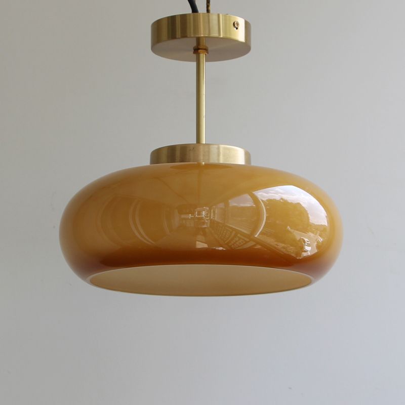Colonial Style Brass Flush Mount Drum Hand-blown Glass Ceiling Light Fixture for Bathroom