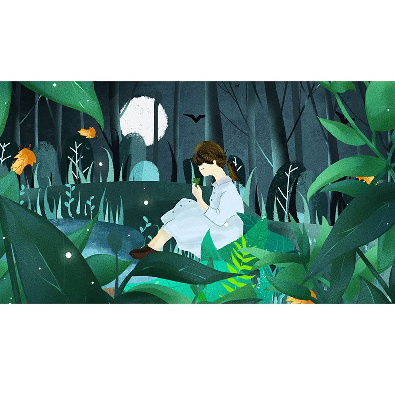 Childrens Art Moon Night Mural Green Girl in Forest Wall Decor for Bedroom, Custom-Print