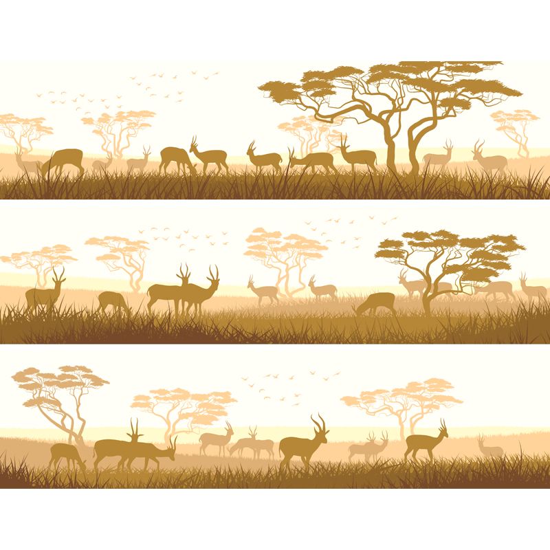 Savanna Goats Feeding Scene Mural Light-Yellow Tropical Wall Covering for Living Room