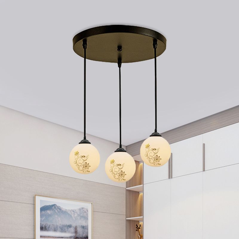 Black Sphere Multi Ceiling Lamp Modernism White Printing Glass 3-Light Dining Room Pendant with Round/Linear Canopy