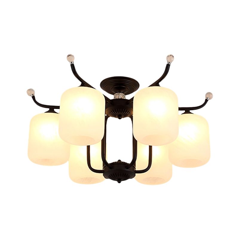 Cream Glass Cylindrical Shade Chandelier Retro Style 6/8 Heads Living Room Suspension Pendant Light in Black