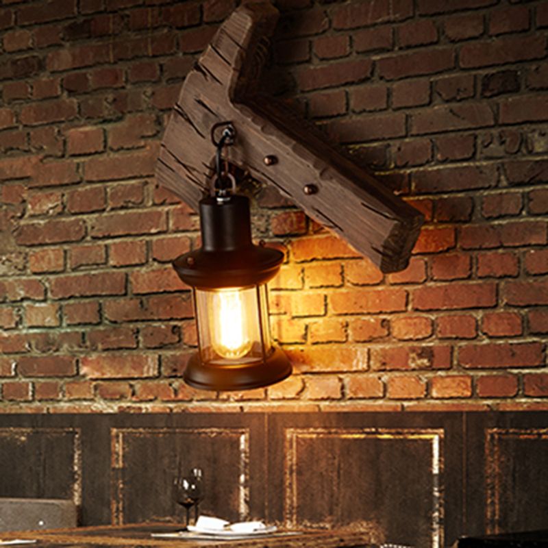 Single-Bulb Sconce Lamp Farmhouse Ax Wooden Wall Lighting with Lantern Shade for Bistro
