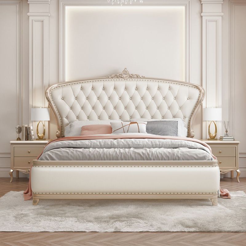 Victorian White Panel Bed Upholstered Headboard Bed with Custom Gold Legs