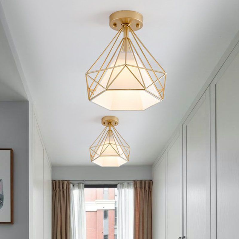 Iron Diamond Cage Semi Flush Light Simplicity Single Corridor Flush Ceiling Light Fixture