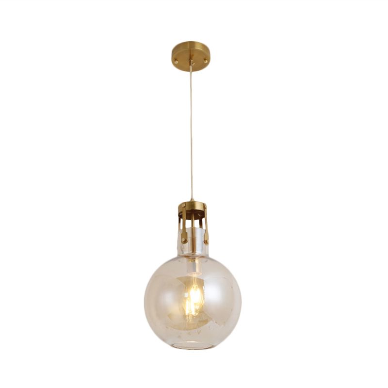 1-Light Bedside Pendant Lamp Postmodern Brass Hanging Light with Ball Cognac Glass Shade