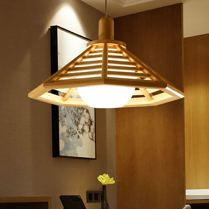 Conical Cage Hanging Light Fixture Nordic Wooden 1 Bulb Restaurant Ceiling Lamp with Ball White Glass Shade