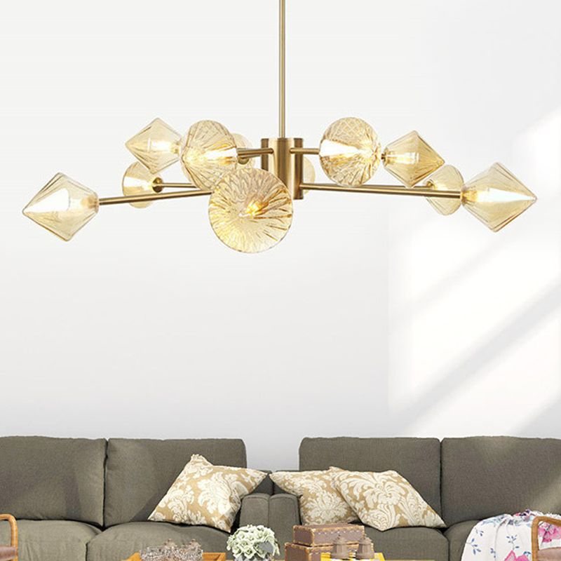 Diamond Chandelier Light Modern Amber Glass 12 Heads Bedroom Suspended Lighting Fixture