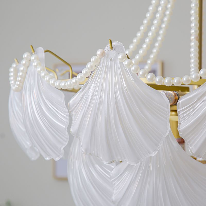 Nordic Shell Shape Chandelier Glass Multi Light Hanging Light in White for Bedroom
