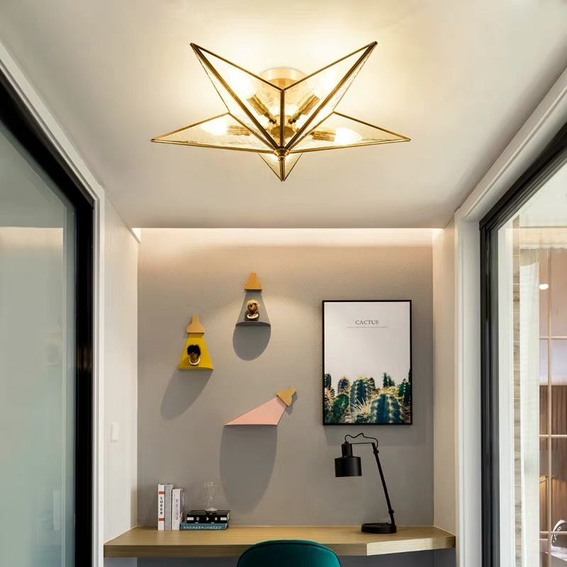 Getextureerde glazen ster inbouw traditionele 5 lampen messing plafondmontage kroonluchter voor woonkamer