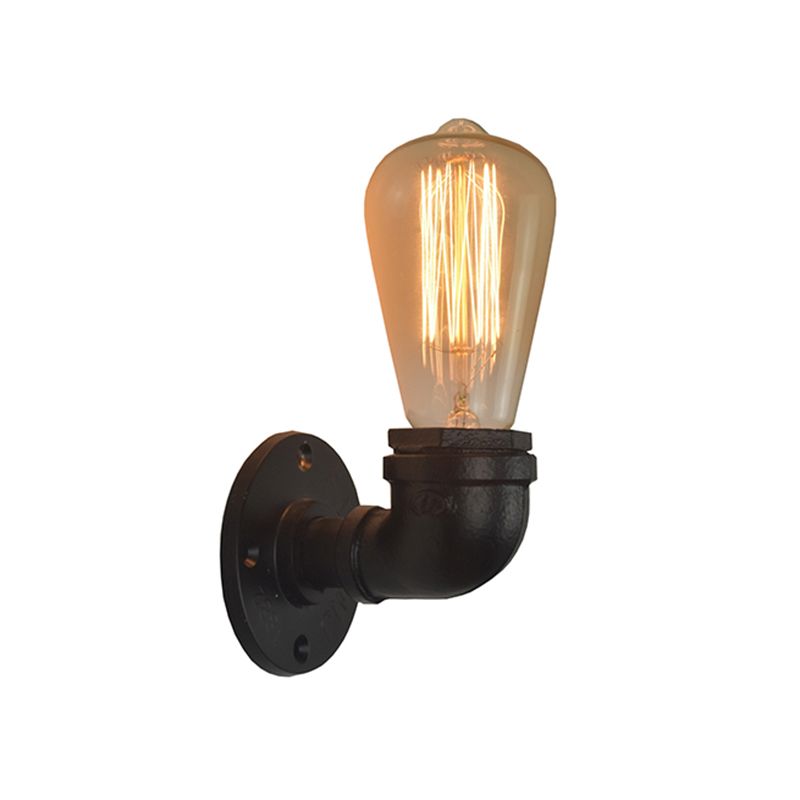 Industrial Style Pipe Shape Wall Sconce Metal 1 Light Sconces in Black for Bedroom